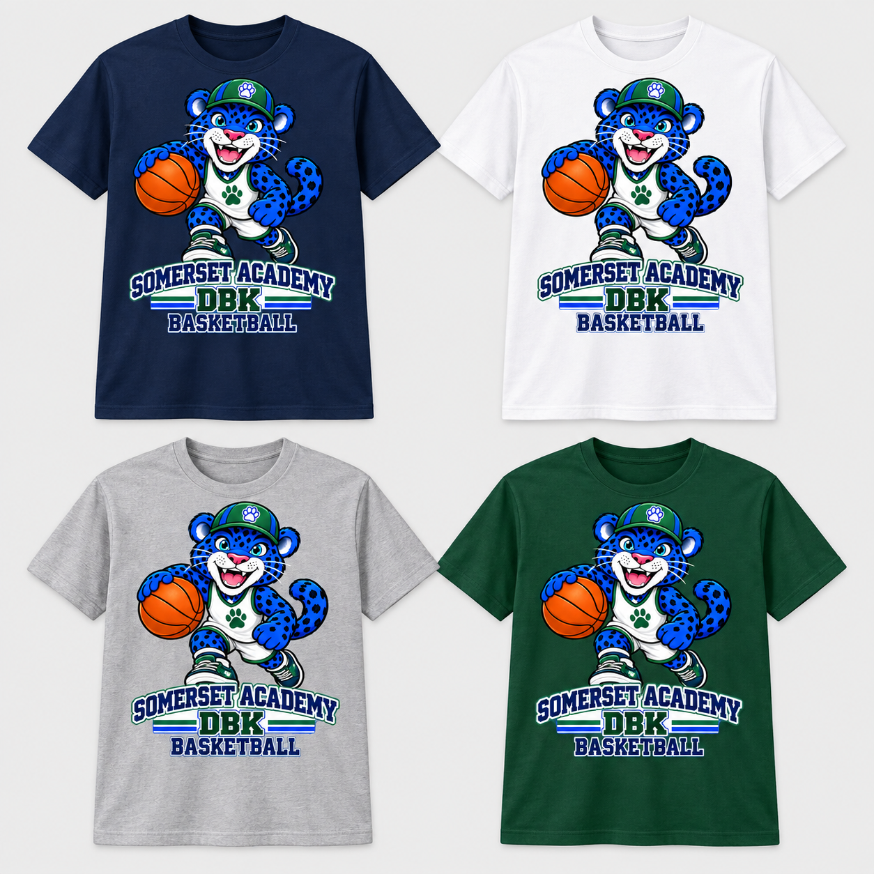 Basketball on Navy, White, Gray and Dark Green T-Shirts