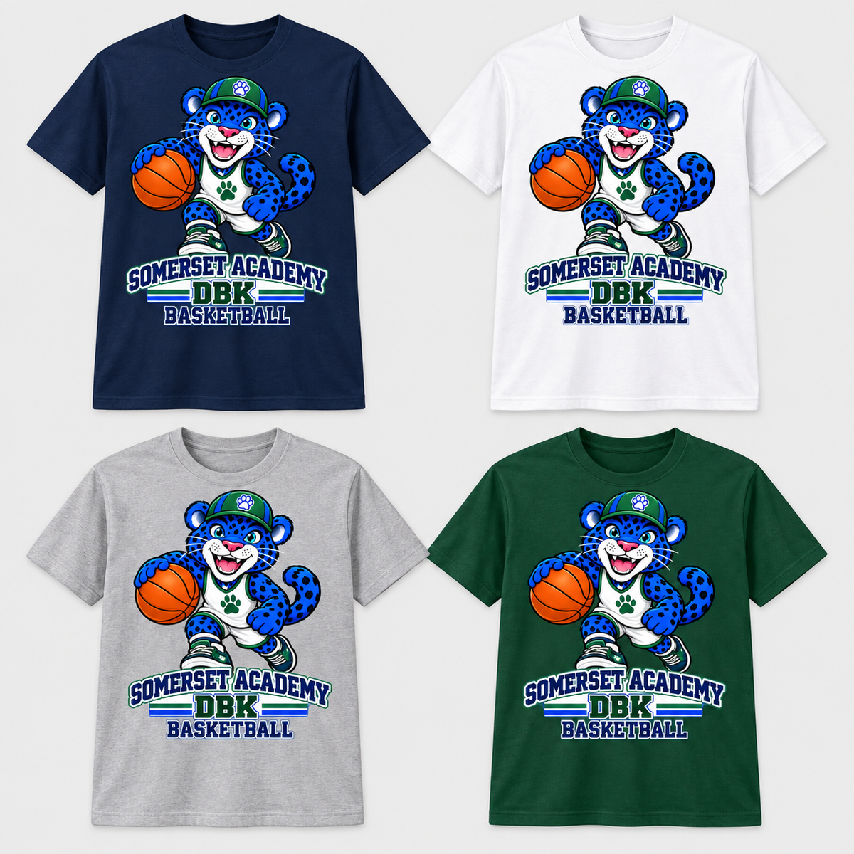 Basketball on Navy, White, Gray and Dark Green T-Shirts