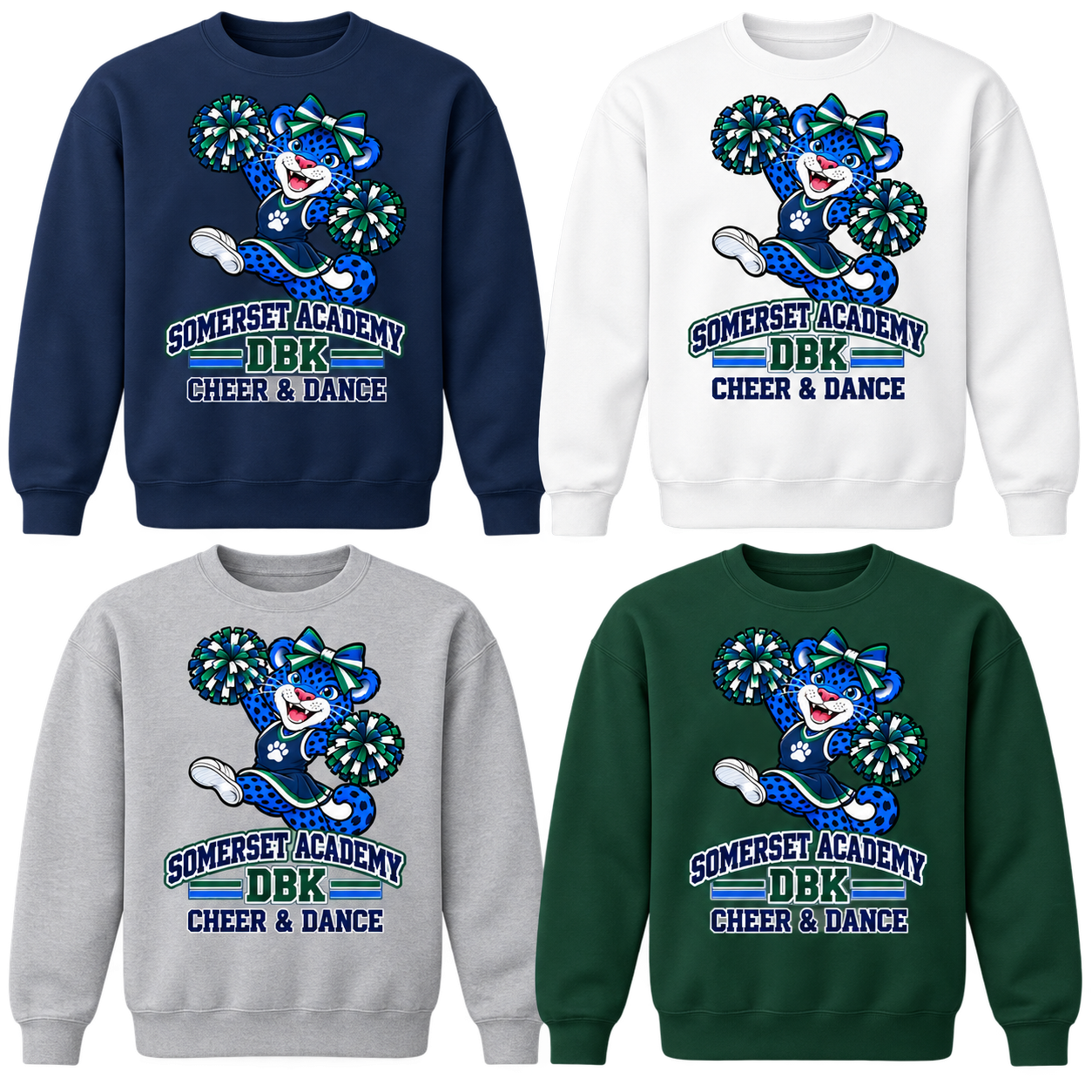 Cheer & Dance on Navy, White, Gray and Dark Green Crewneck Sweatshirts