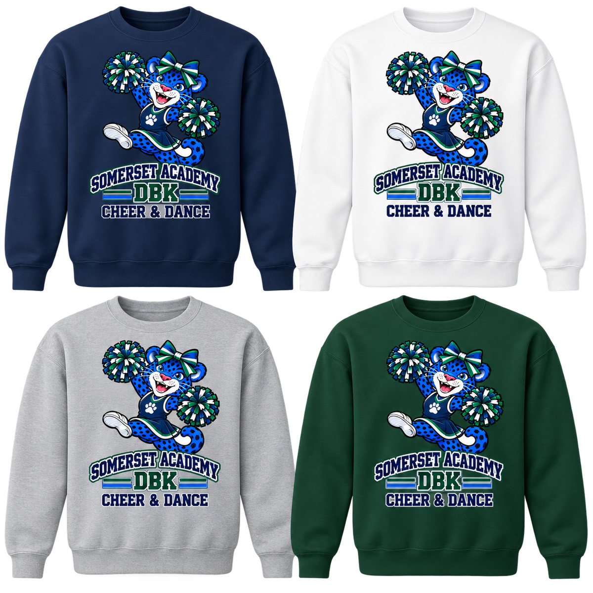 Cheer & Dance on Navy, White, Gray and Dark Green Crewneck Sweatshirts