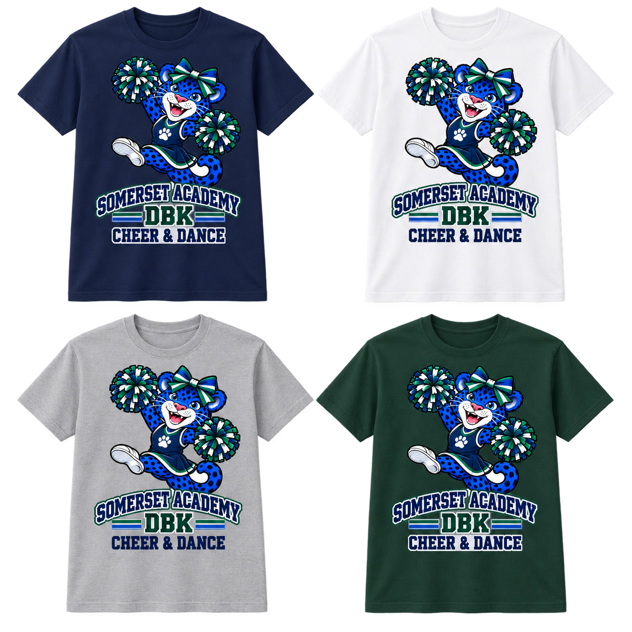 Cheer & Dance on Navy, White, Gray and Dark Green T-Shirts