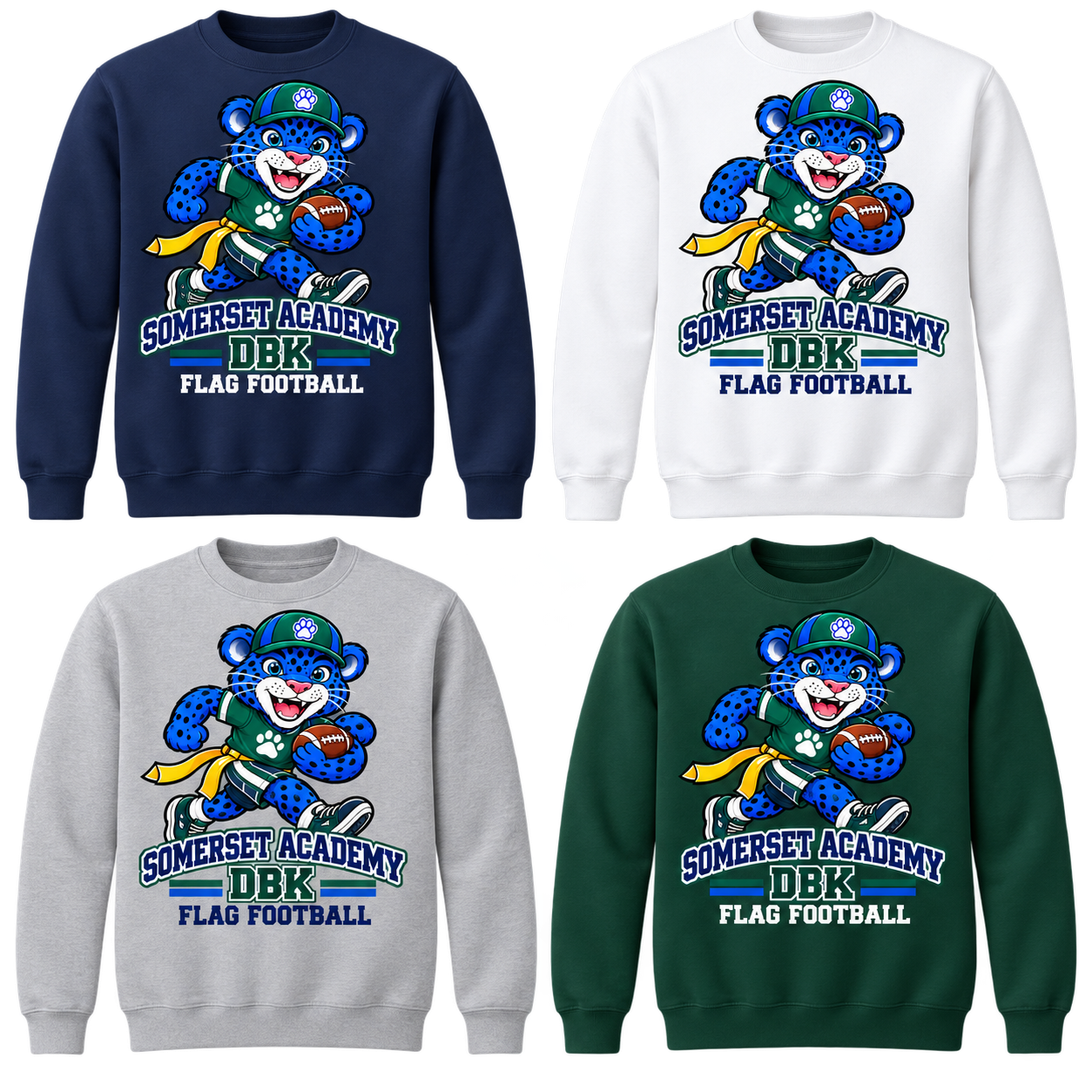 Flag Football on Navy, White, Gray and Dark Green Crewneck Sweatshirts