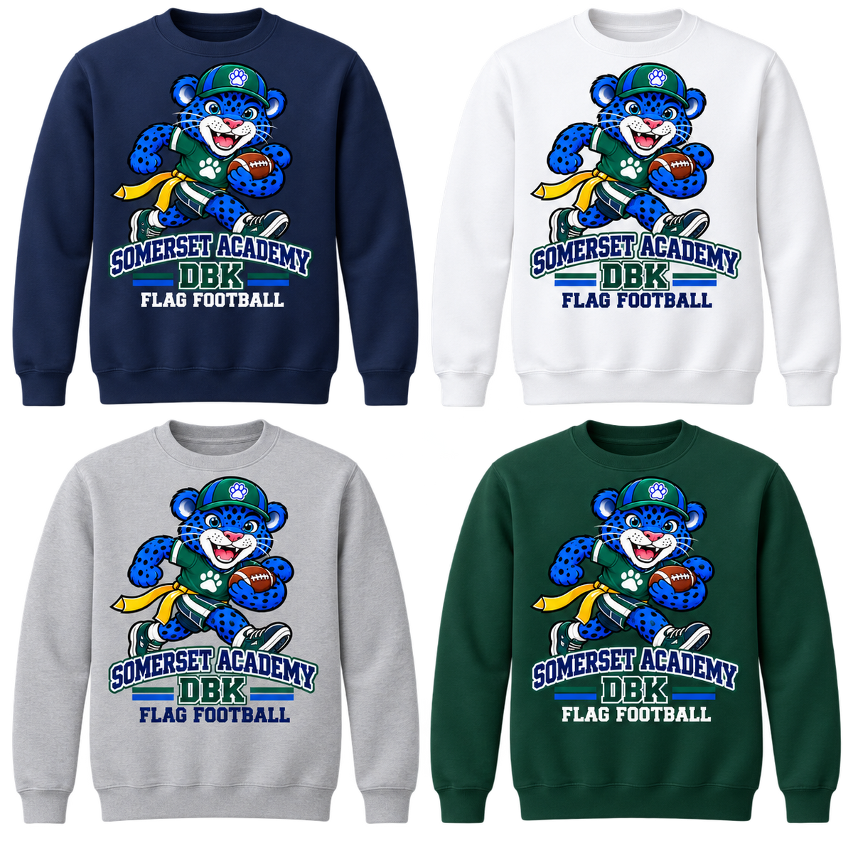 Flag Football on Navy, White, Gray and Dark Green Crewneck Sweatshirts