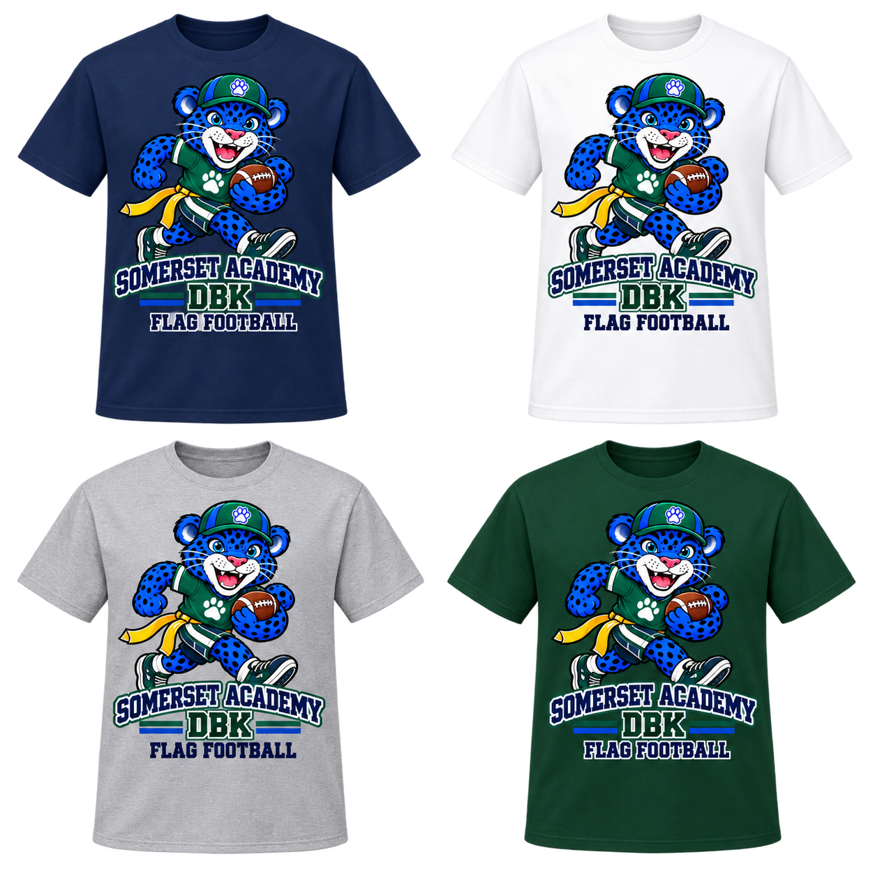 Flag Football on Navy, White, Gray and Dark Green T-Shirts