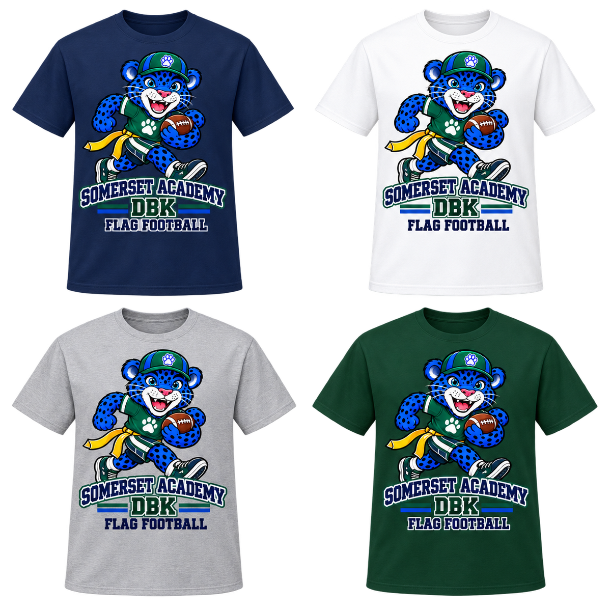 Flag Football on Navy, White, Gray and Dark Green T-Shirts