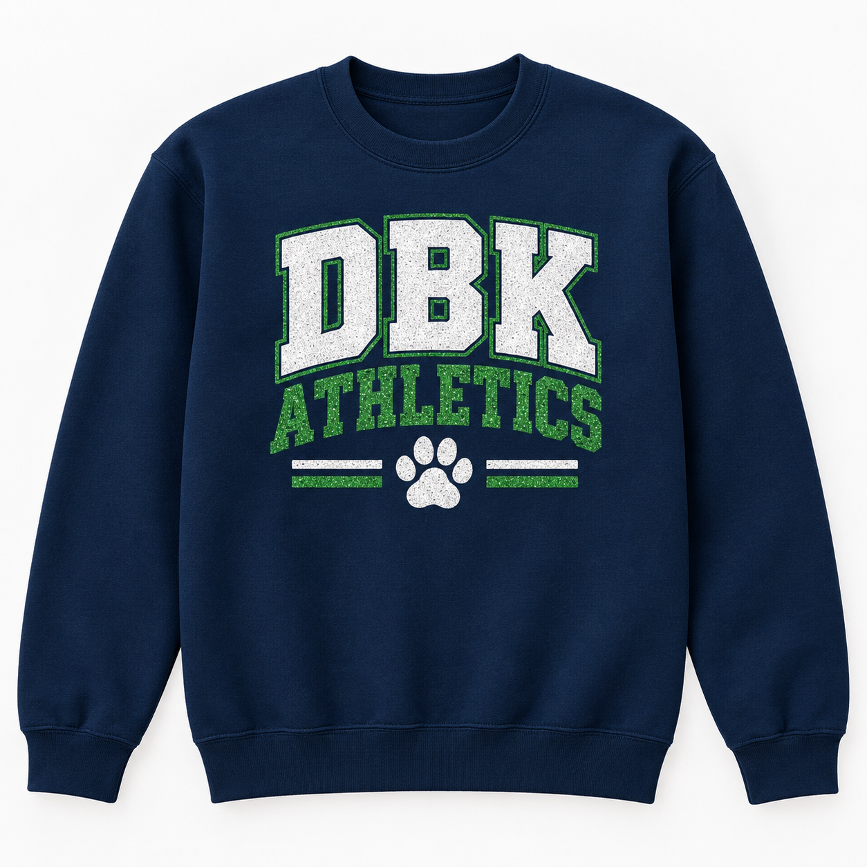 Navy crewneck sweatshirt with Somerset DBK Athletics glitter design