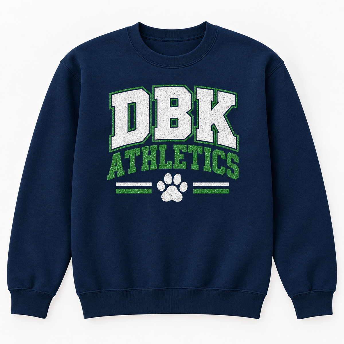 Navy crewneck sweatshirt with Somerset DBK Athletics glitter design