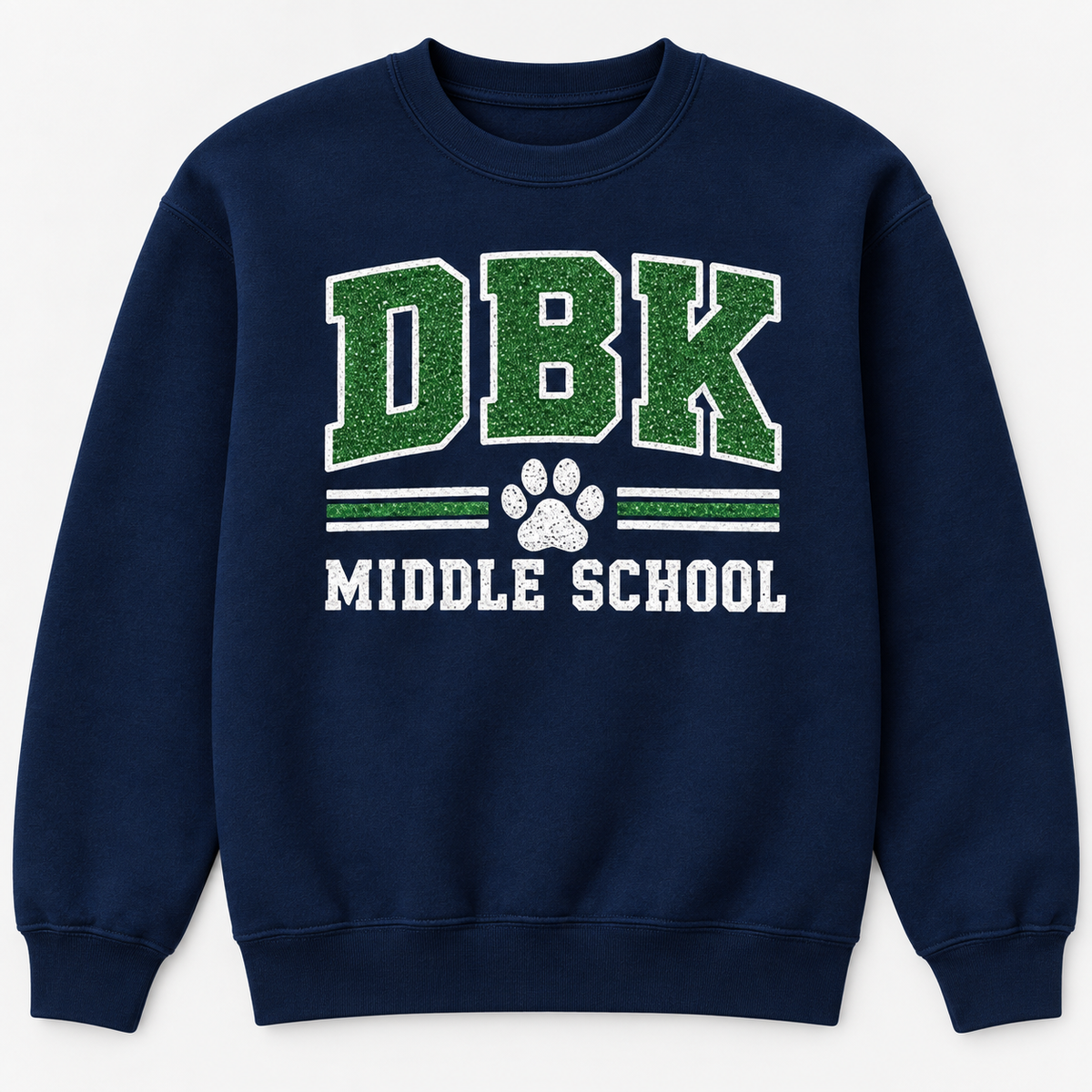 Navy crewneck sweatshirt with Somerset DBK Middle School glitter design