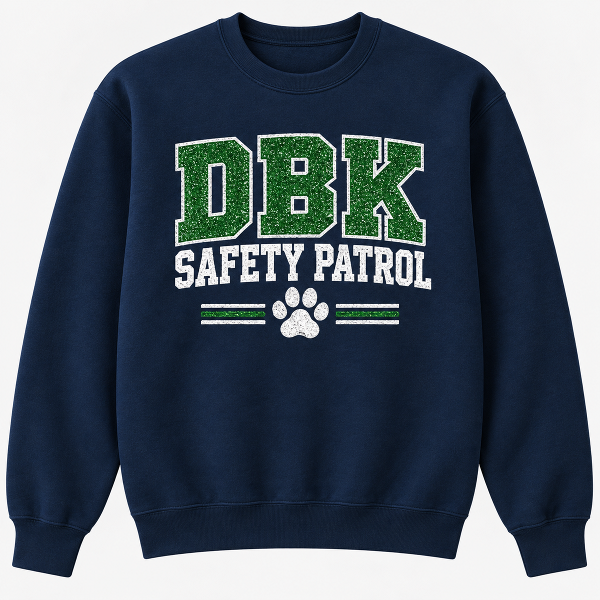 Navy crewneck sweatshirt with Somerset DBK Safety Patrol glitter design