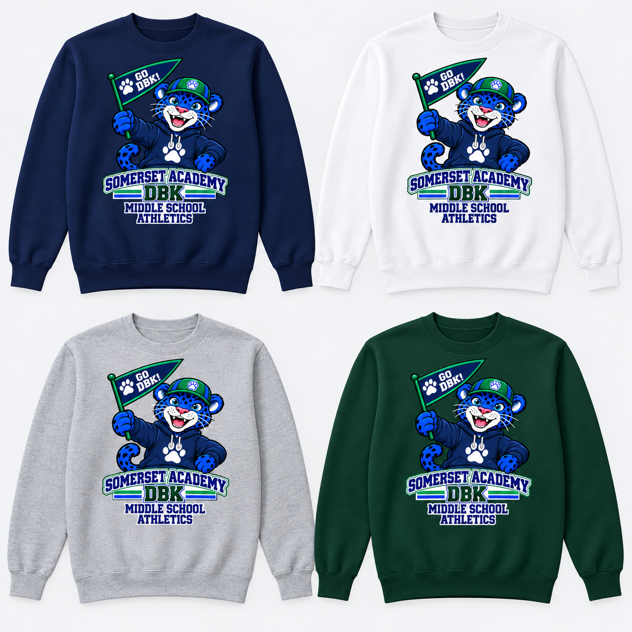 Middle School Athletics on Navy, White, Gray and Dark Green Crewneck Sweatshirts