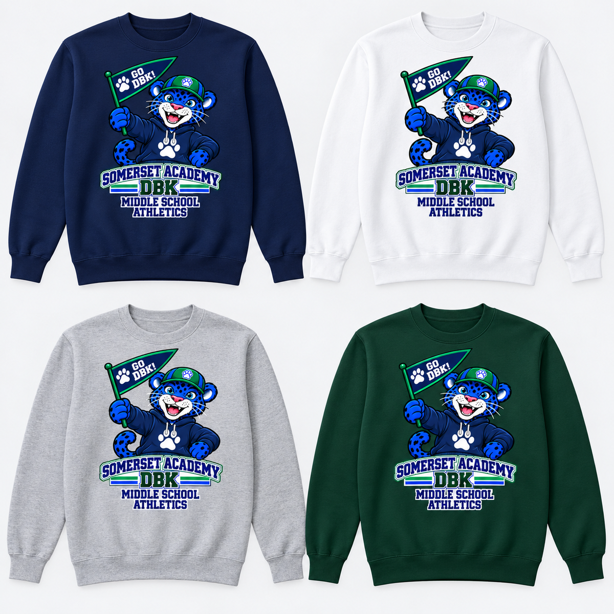 Middle School Athletics on Navy, White, Gray and Dark Green Crewneck Sweatshirts