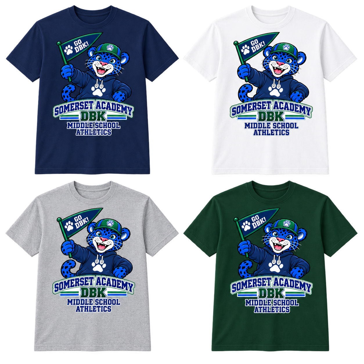 Middle School Athletics on Navy, White, Gray and Dark Green T-Shirts