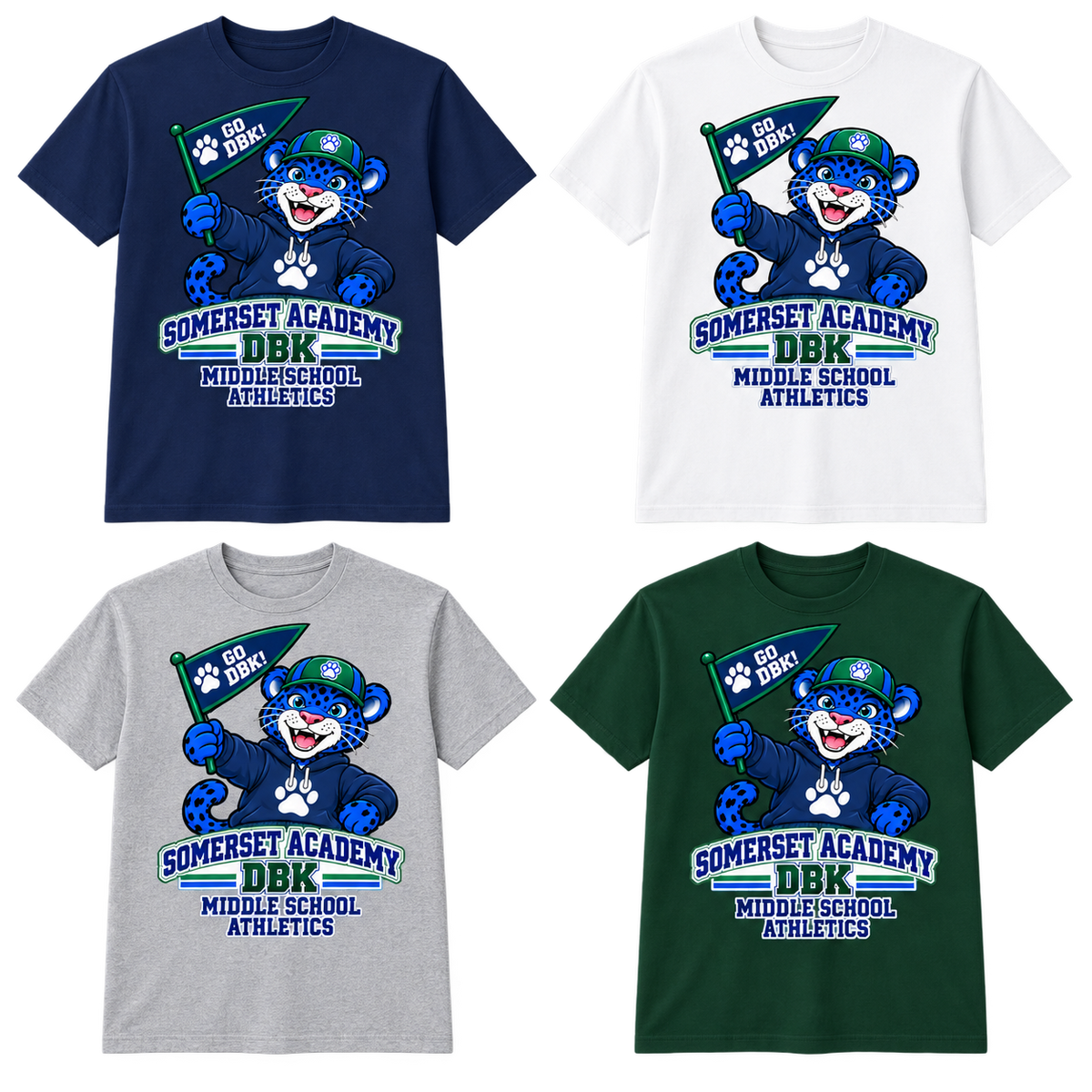 Middle School Athletics on Navy, White, Gray and Dark Green T-Shirts