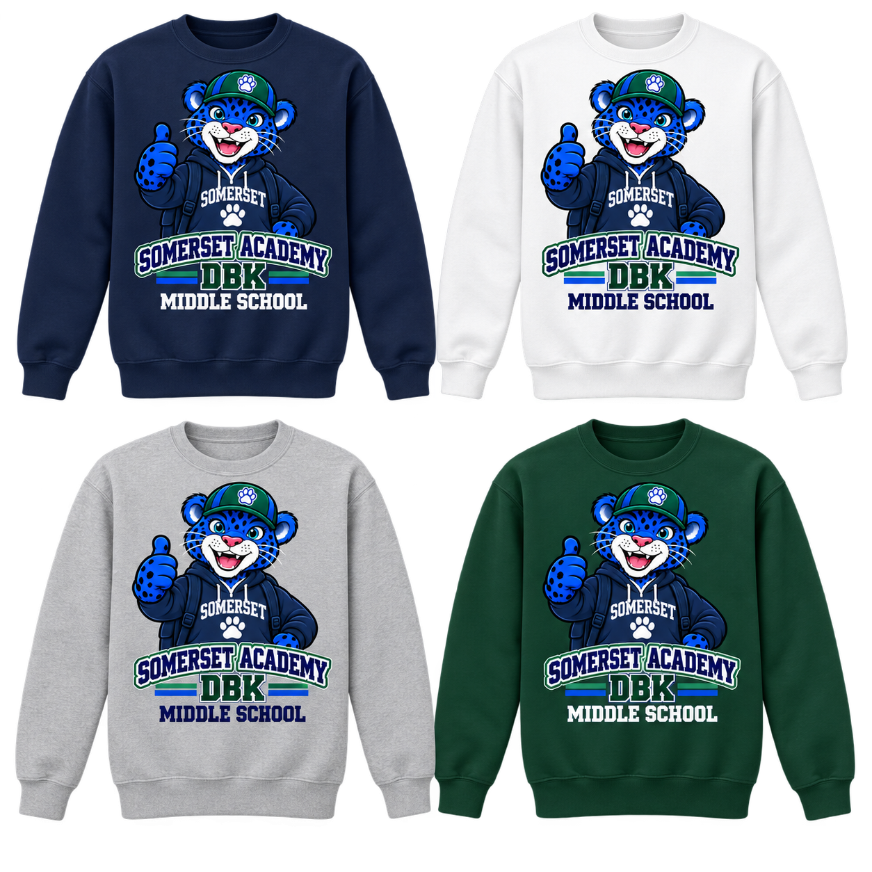 Middle School on Navy, White, Gray and Dark Green Crewneck Sweatshirts