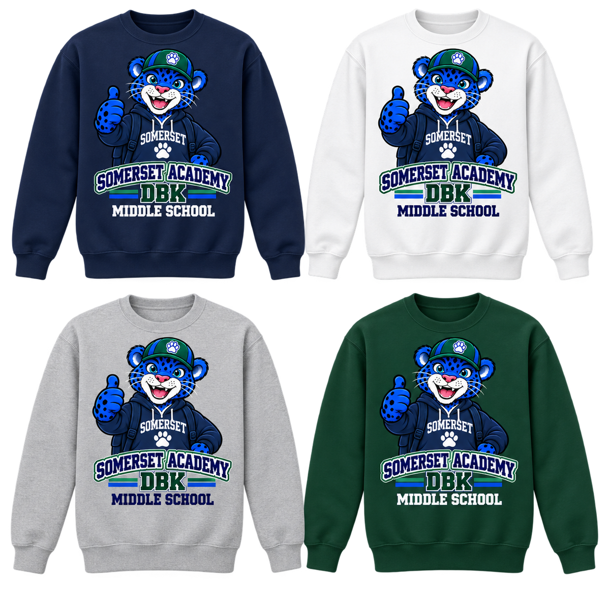 Middle School on Navy, White, Gray and Dark Green Crewneck Sweatshirts