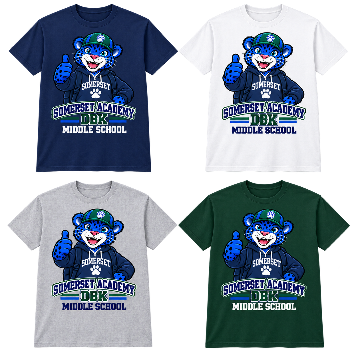 Middle School on Navy, White, Gray and Dark Green T-Shirts