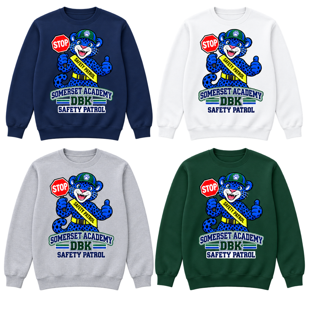 Safety Patrol on Navy, White, Gray and Dark Green Crewneck Sweatshirts
