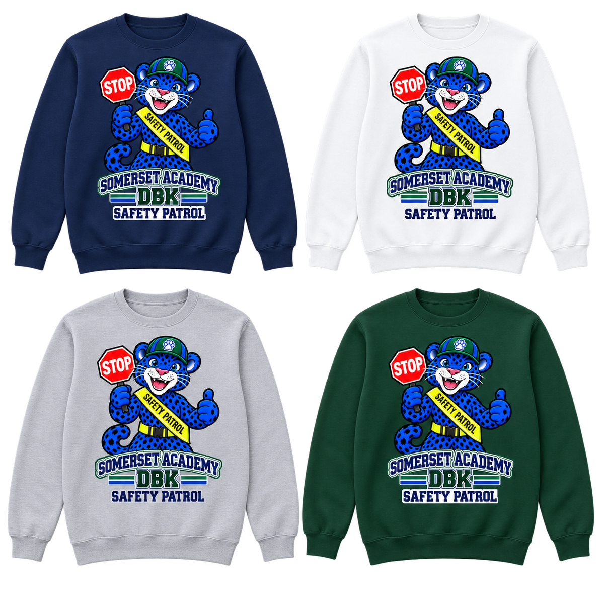 Safety Patrol on Navy, White, Gray and Dark Green Crewneck Sweatshirts