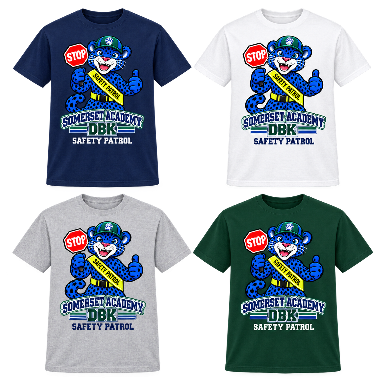 Safety Patrol on Navy, White, Gray and Dark Green T-Shirts