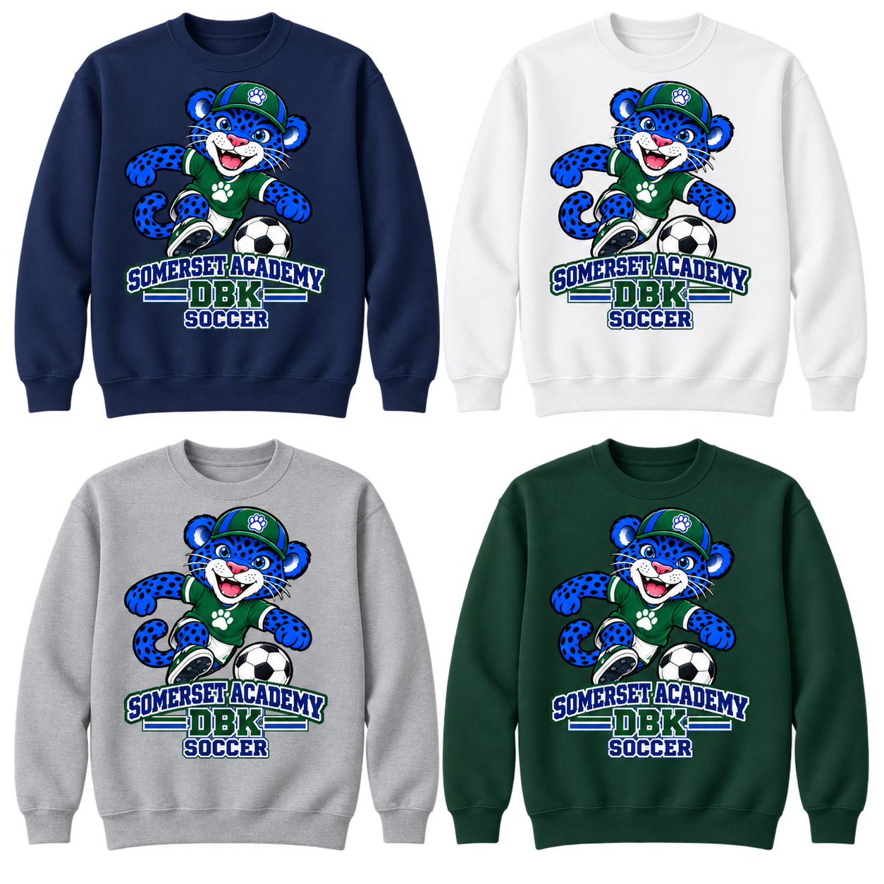 Soccer on Navy, White, Gray and Dark Green Crewneck Sweatshirts