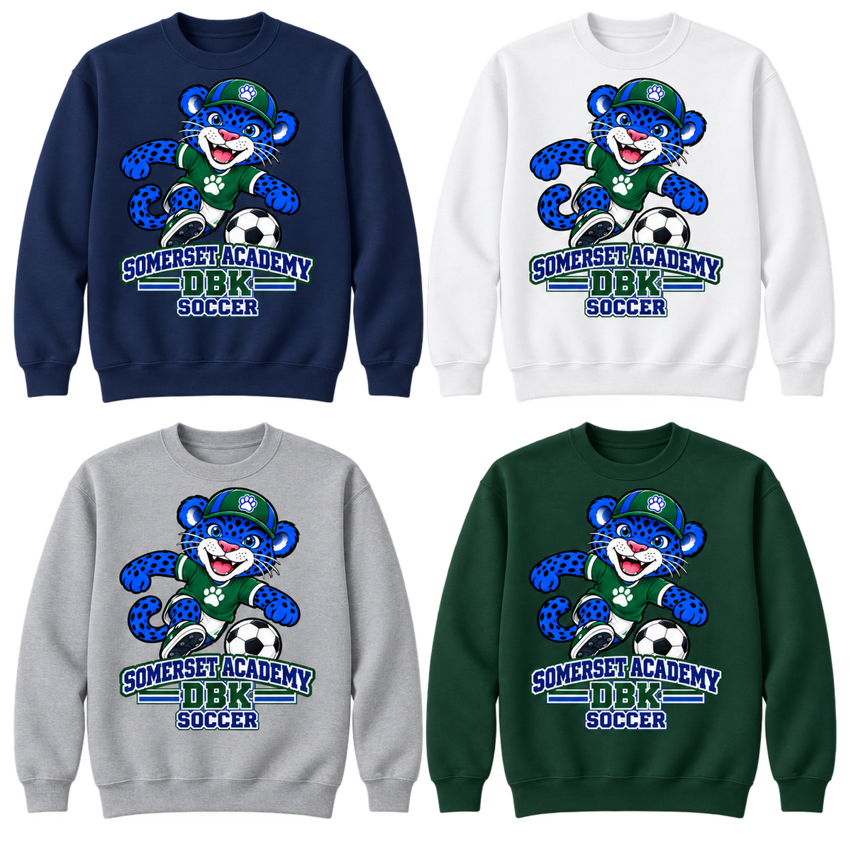 Soccer on Navy, White, Gray and Dark Green Crewneck Sweatshirts
