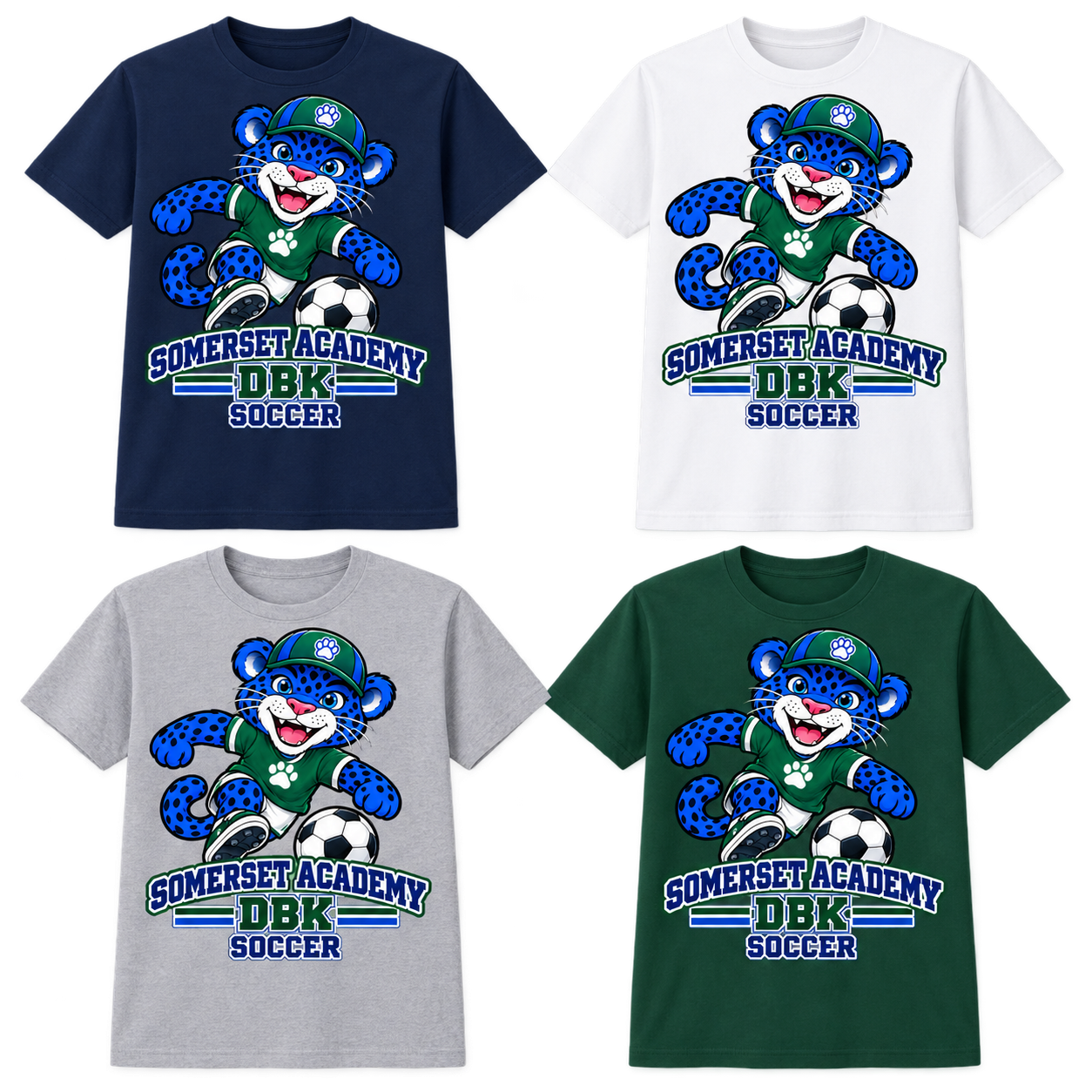 Soccer on Navy, White, Gray and Dark Green T-Shirts