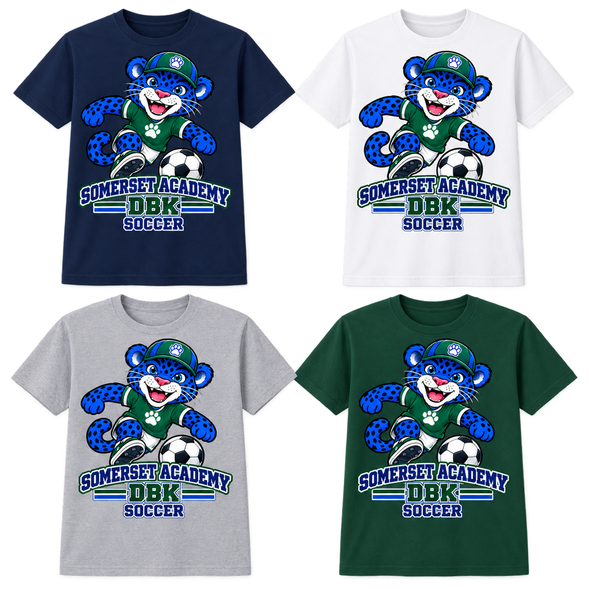 Soccer on Navy, White, Gray and Dark Green T-Shirts