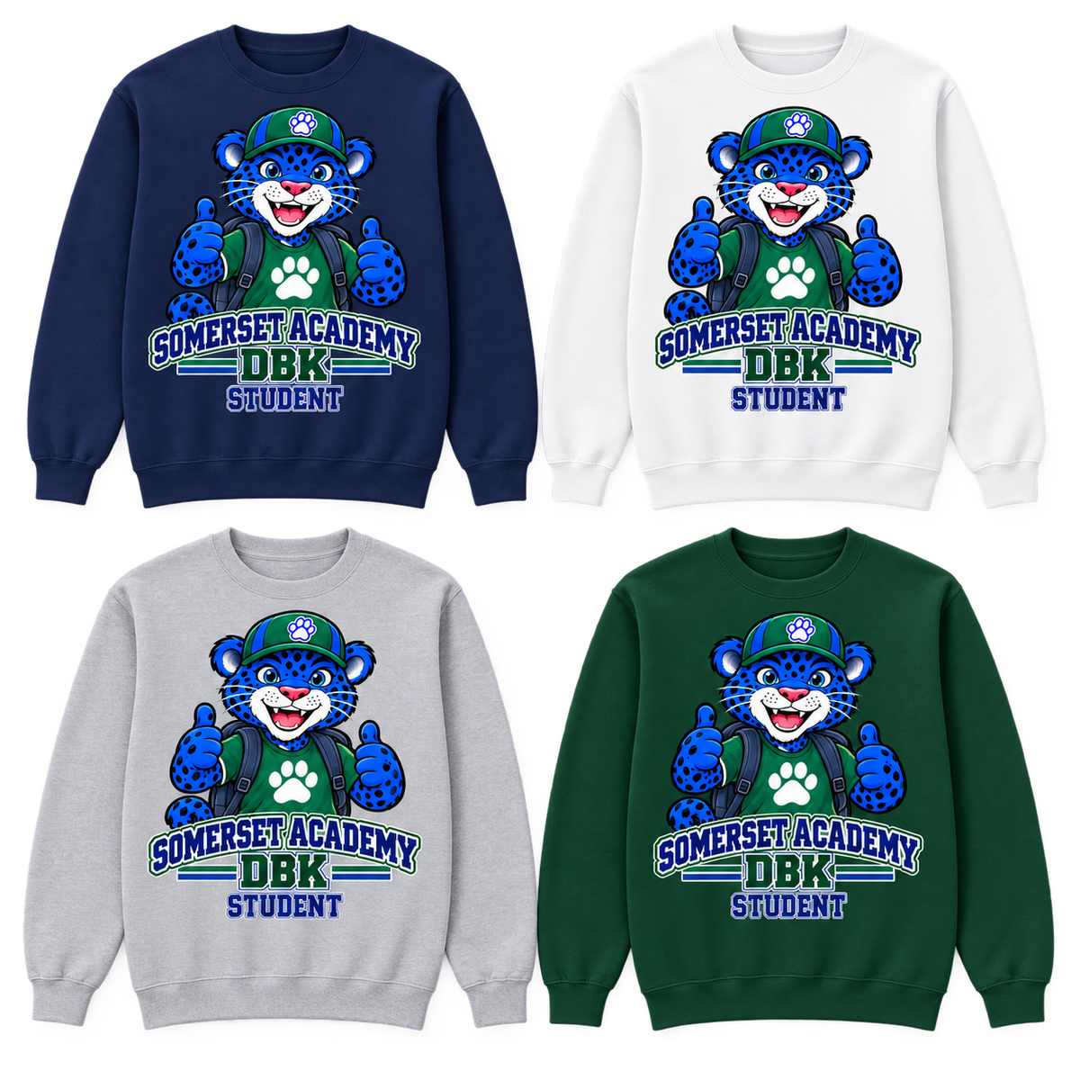 Student on Navy, White, Gray and Dark Green Crewneck Sweatshirts