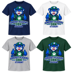 Student on Navy, White, Gray and Dark Green T-Shirts