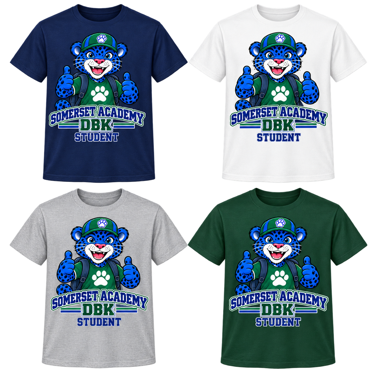 Student on Navy, White, Gray and Dark Green T-Shirts