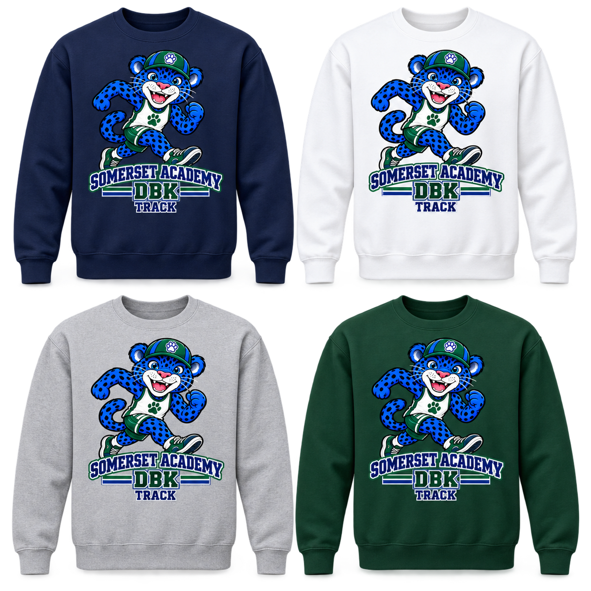 Track on Navy, White, Gray and Dark Green Crewneck Sweatshirts
