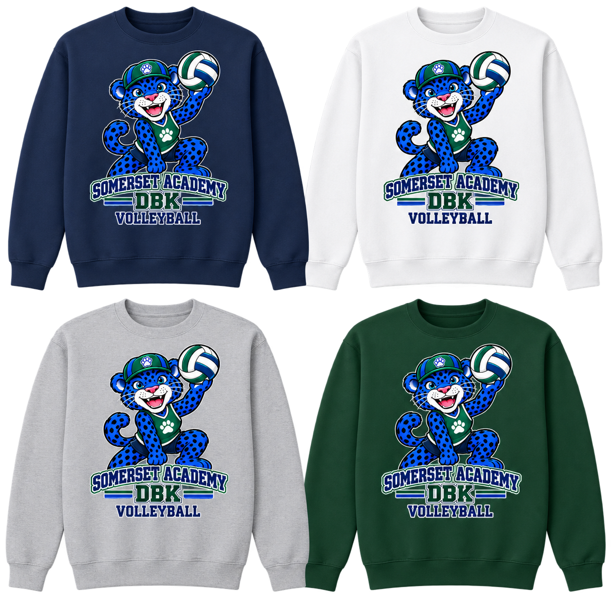 Volleyball on Navy, White, Gray and Dark Green Crewneck Sweatshirts