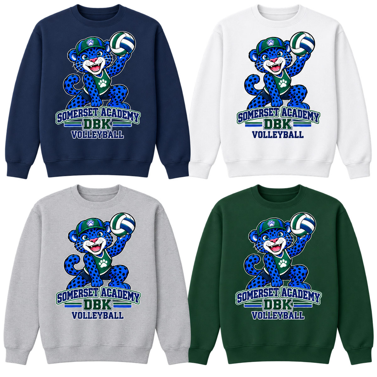 Volleyball on Navy, White, Gray and Dark Green Crewneck Sweatshirts