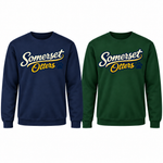 Somerset Script & Paw Full Front 10-Inch crewneck mockups in Navy and Dark Green.