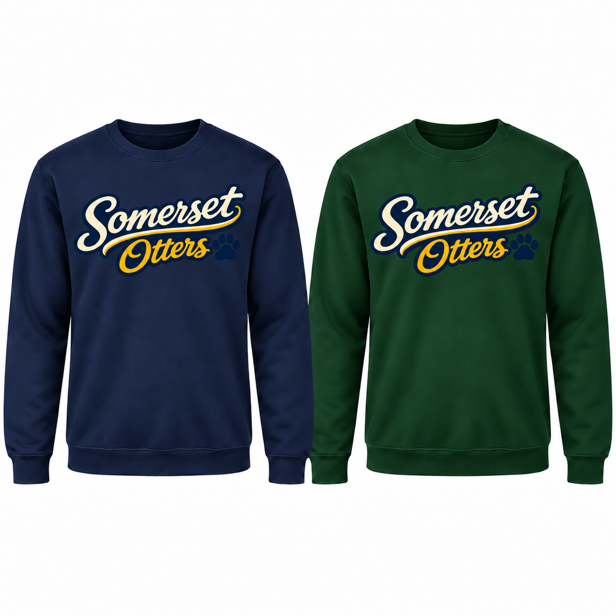Somerset Script & Paw Full Front 10-Inch crewneck mockups in Navy and Dark Green.