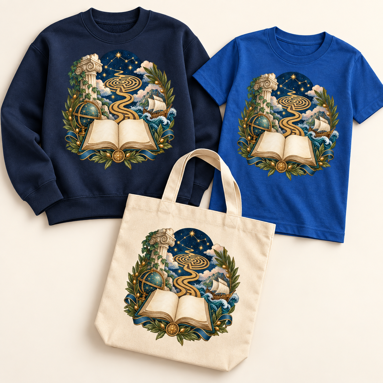 Starlit Labyrinth Book Voyage on coordinated sweatshirt, youth T-shirt, and natural canvas tote