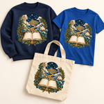 Starlit Labyrinth Book Voyage on coordinated sweatshirt, youth T-shirt, and natural canvas tote