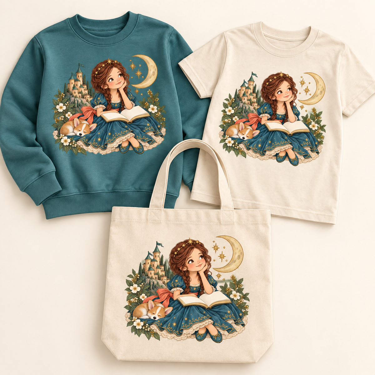 Teal Princess Reading with Sleeping Corgi on coordinated sweatshirt, youth T-shirt, and natural canvas tote