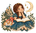 Teal Princess Reading with Sleeping Corgi original print artwork