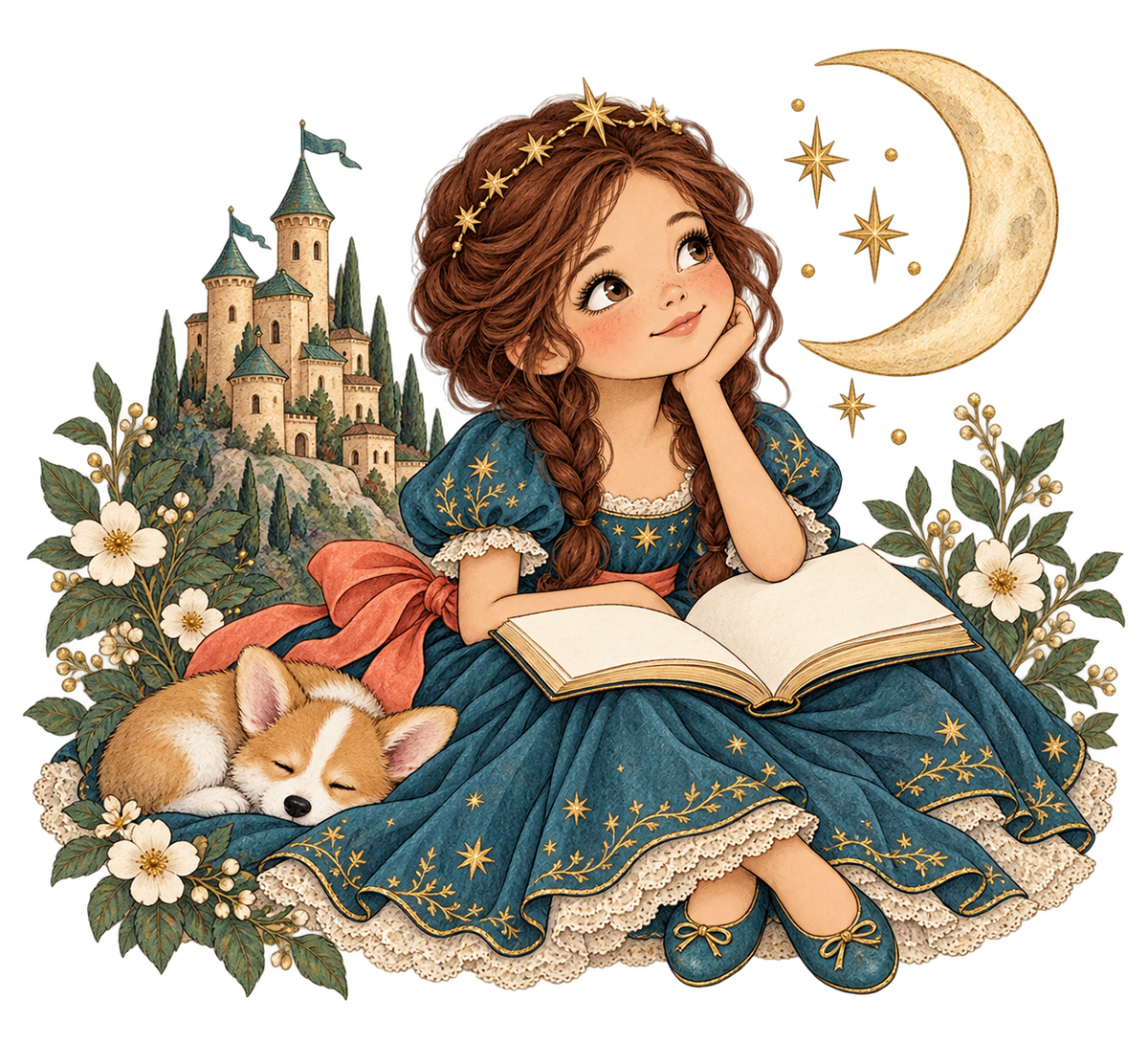 Teal Princess Reading with Sleeping Corgi original print artwork