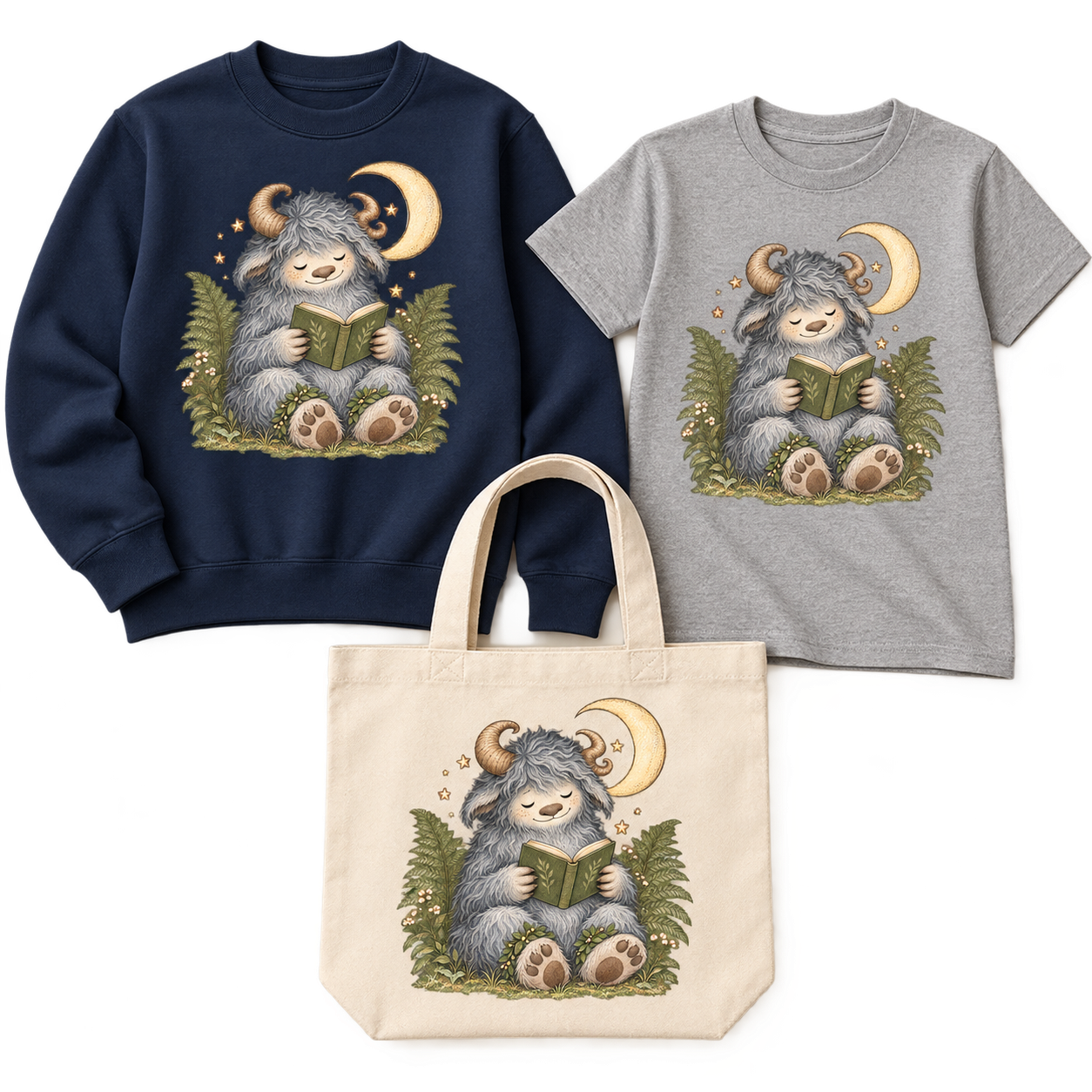 Wild Creature Reading Beneath Crescent Moon on coordinated sweatshirt, youth T-shirt, and natural canvas tote