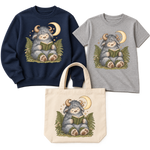 Wild Creature Reading Beneath Crescent Moon on coordinated sweatshirt, youth T-shirt, and natural canvas tote