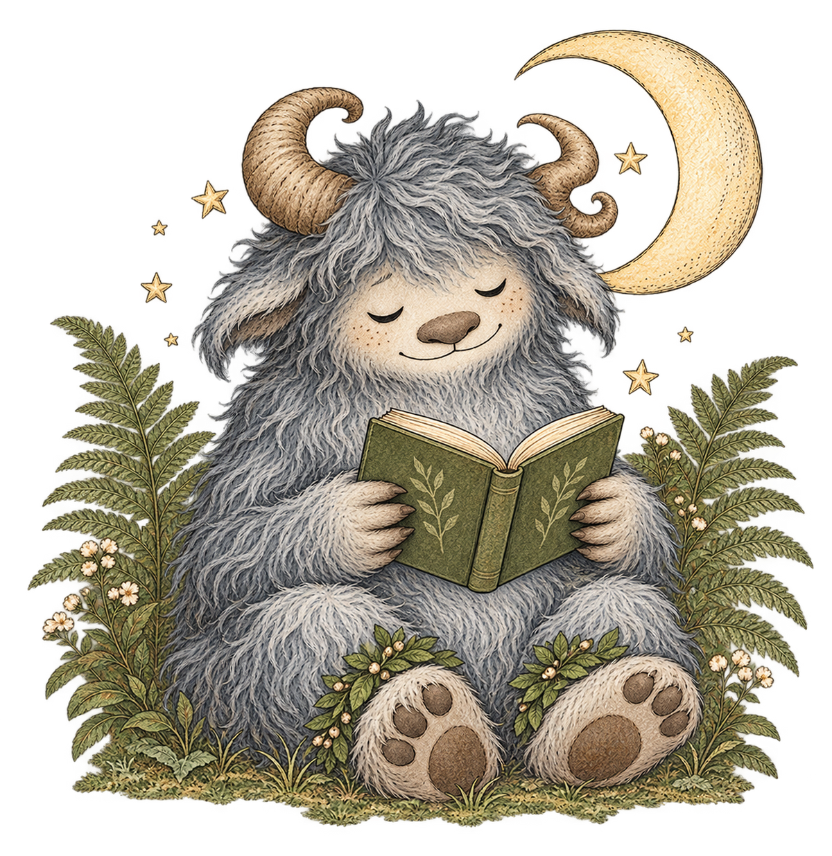 Wild Creature Reading Beneath Crescent Moon original print artwork