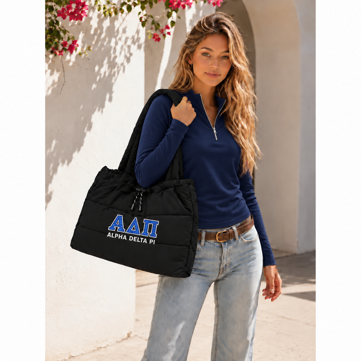 Alpha Delta Pi Drawstring Puffy Quilted Padded Nylon Shoulder Tote Bag