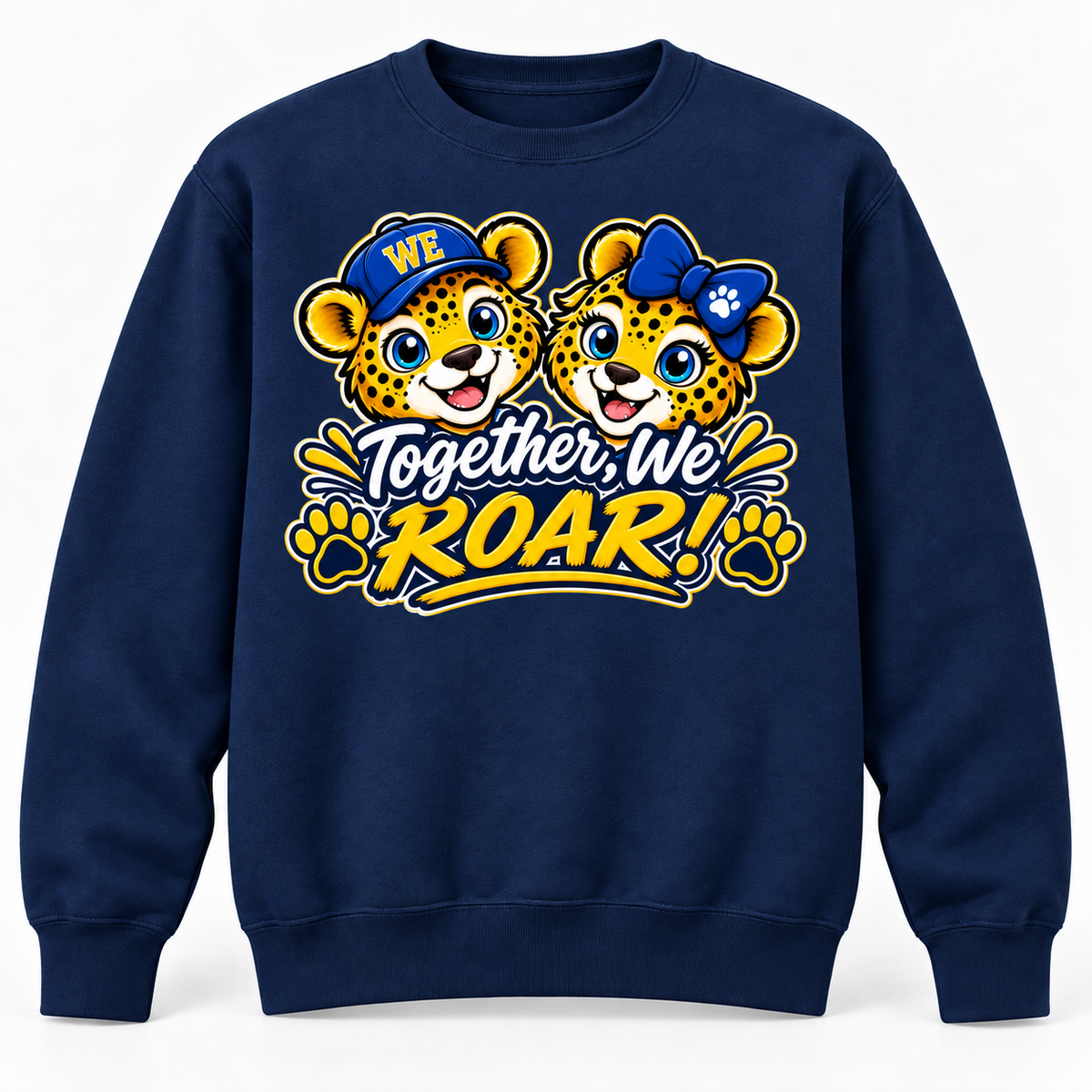 Baby Jags Together We ROAR artwork centered on a navy sweatshirt