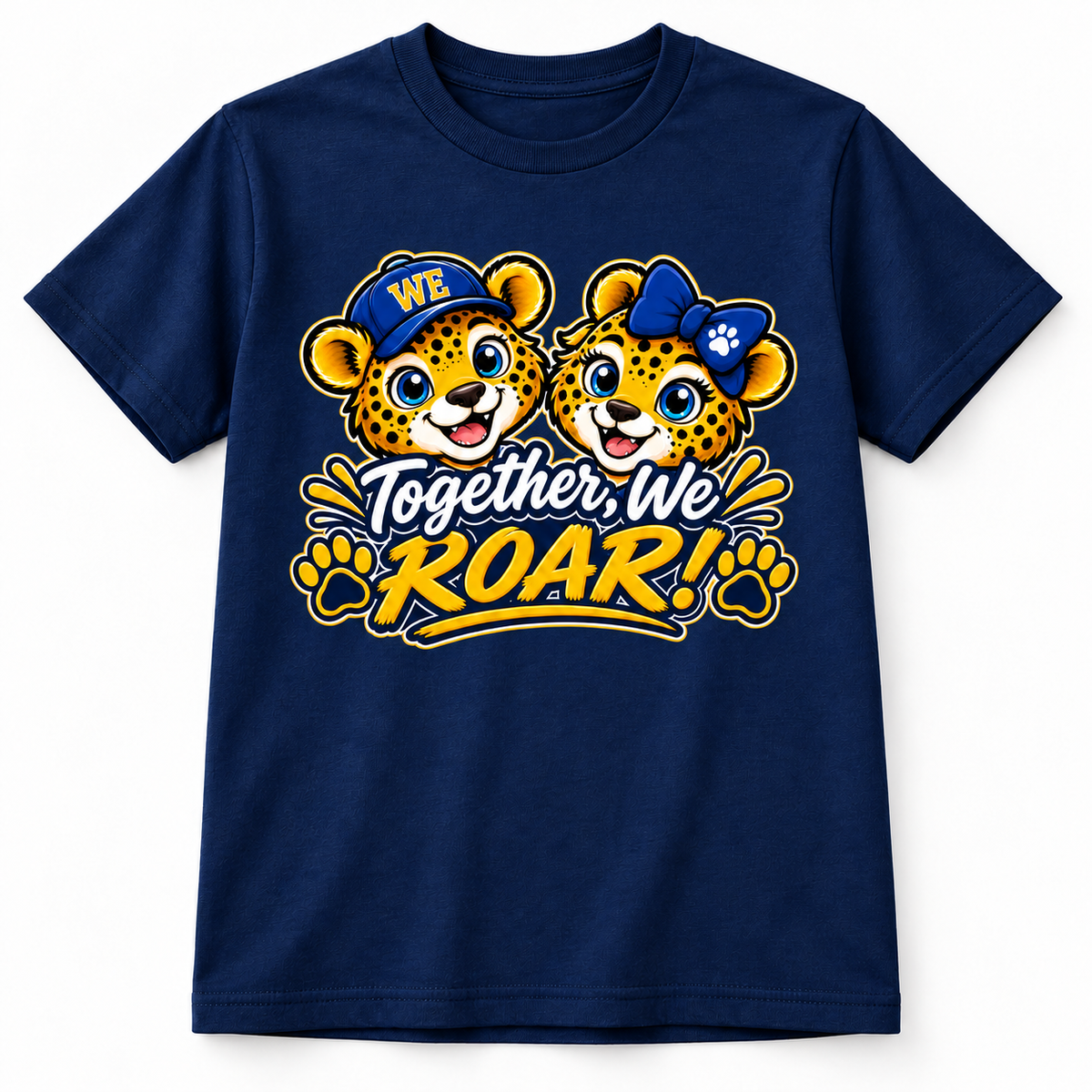 Baby Jags Together We ROAR artwork centered on a navy t-shirt