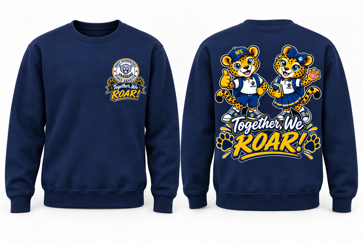 navy sweatshirt with ROAR badge at left chest and Baby Jags ROAR artwork centered on back