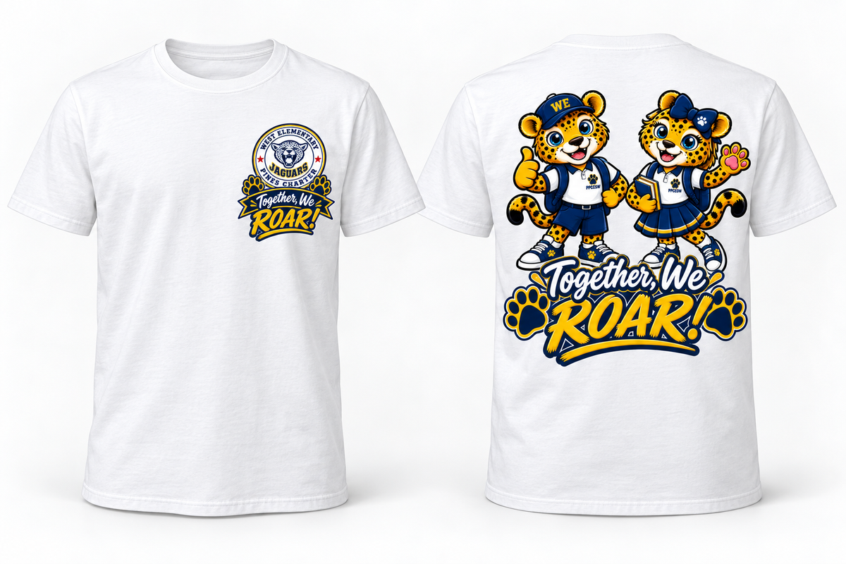 white t-shirt with ROAR badge at left chest and Baby Jags ROAR artwork centered on back