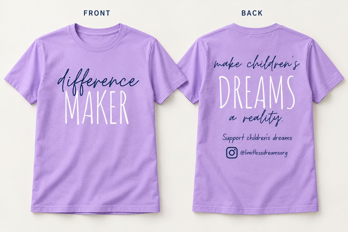 Limitless Dreams difference maker lavender T-shirt, user supplied front and back reference