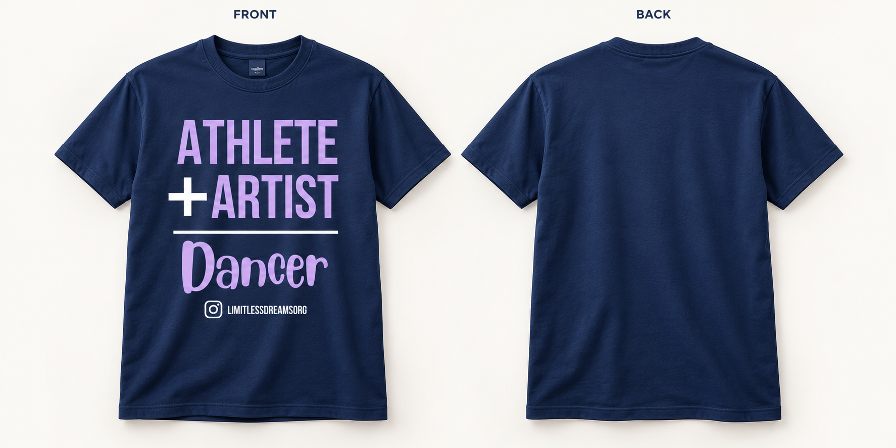 Limitless Dreams navy Dancer T-shirt with large front design, no chest crest and blank back.